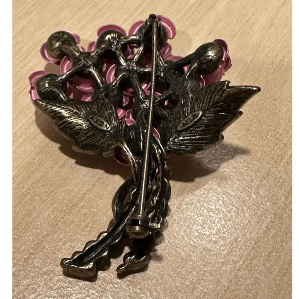 Vintage Avon Pink Enamel Rose Bouquet Brooch Pin Antique Brass Green Rhinestone